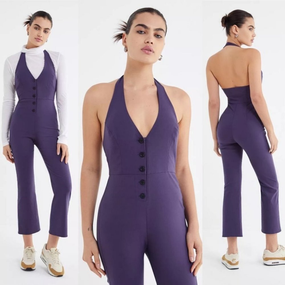 Urban Outfitters Nico Halter Jumpsuit Button Front Purple Size XS Plunge Neck